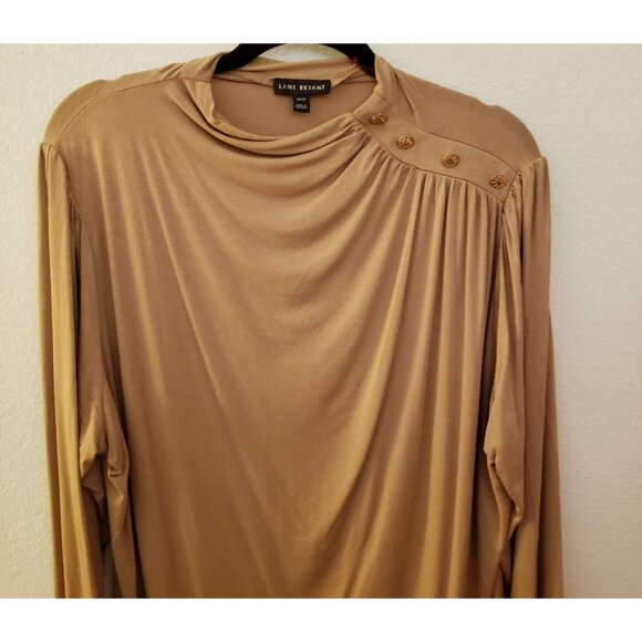 Lane Bryant Draped Neck Tan Pullon Long Sleeve Blouse Top Button Trim 18/20 EUC - Picture 2 of 8